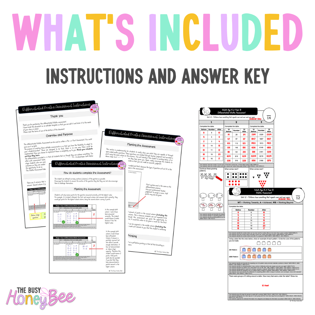 Multi Age K-2 Year B Differentiated NSW Maths Assessment Unit 12 - Assessment