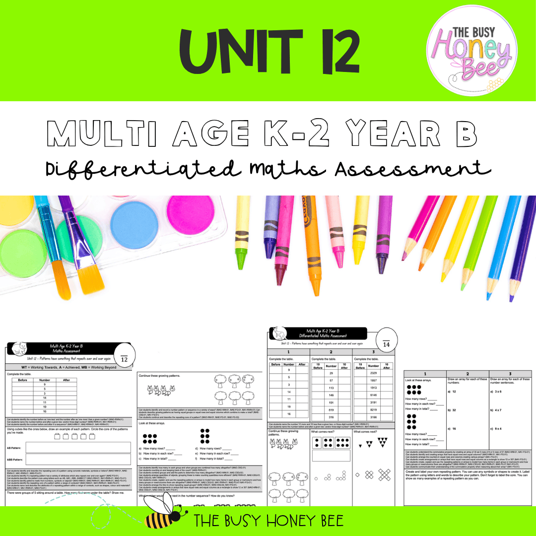 Multi Age K-2 Year B Differentiated NSW Maths Assessment Unit 12 - Assessment