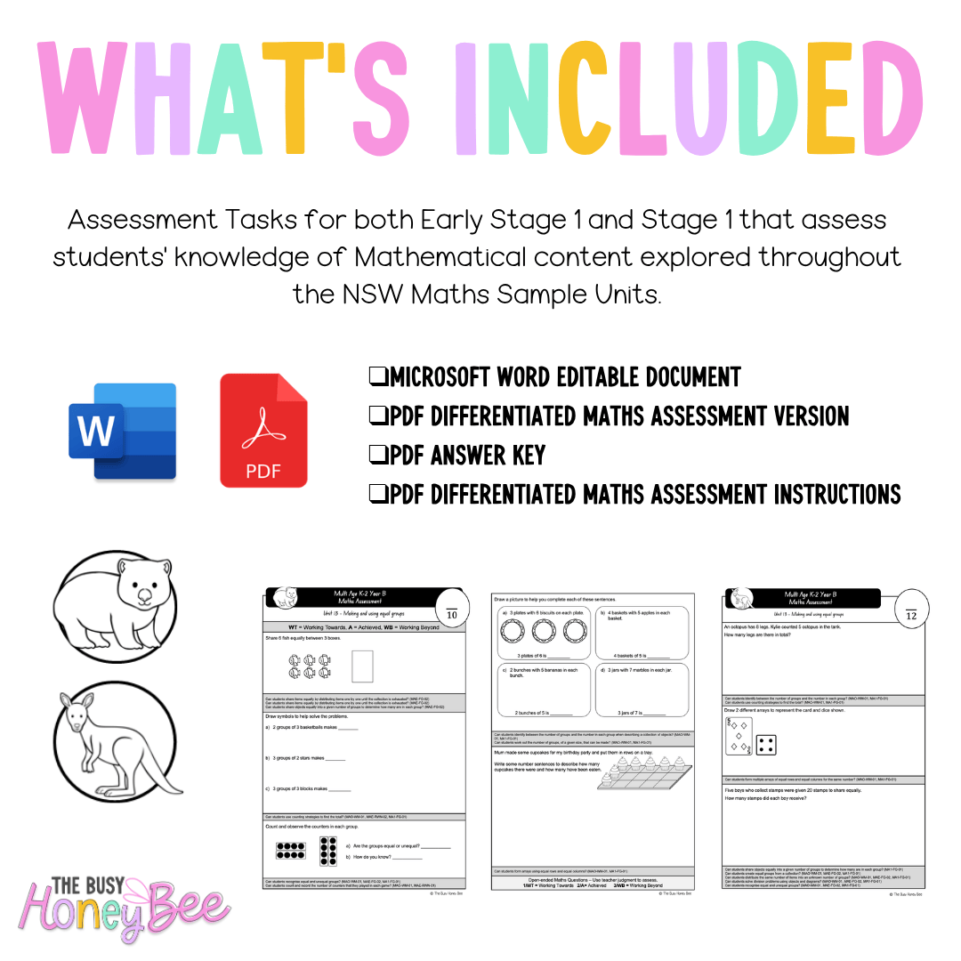 Multi Age K-2 Year B Differentiated NSW Maths Assessment Unit 13 - Assessment