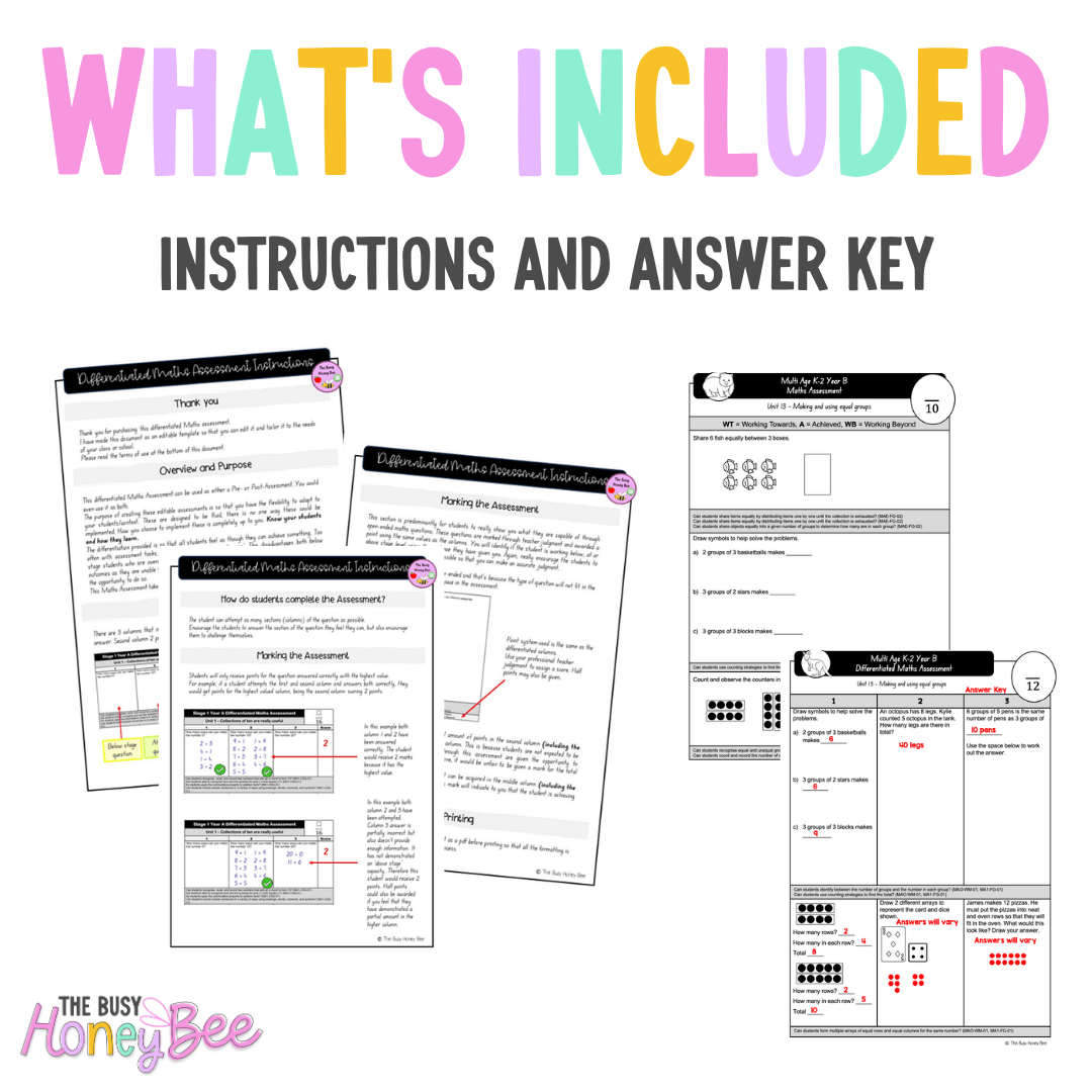 Multi Age K-2 Year B Differentiated NSW Maths Assessment Unit 13 - Assessment