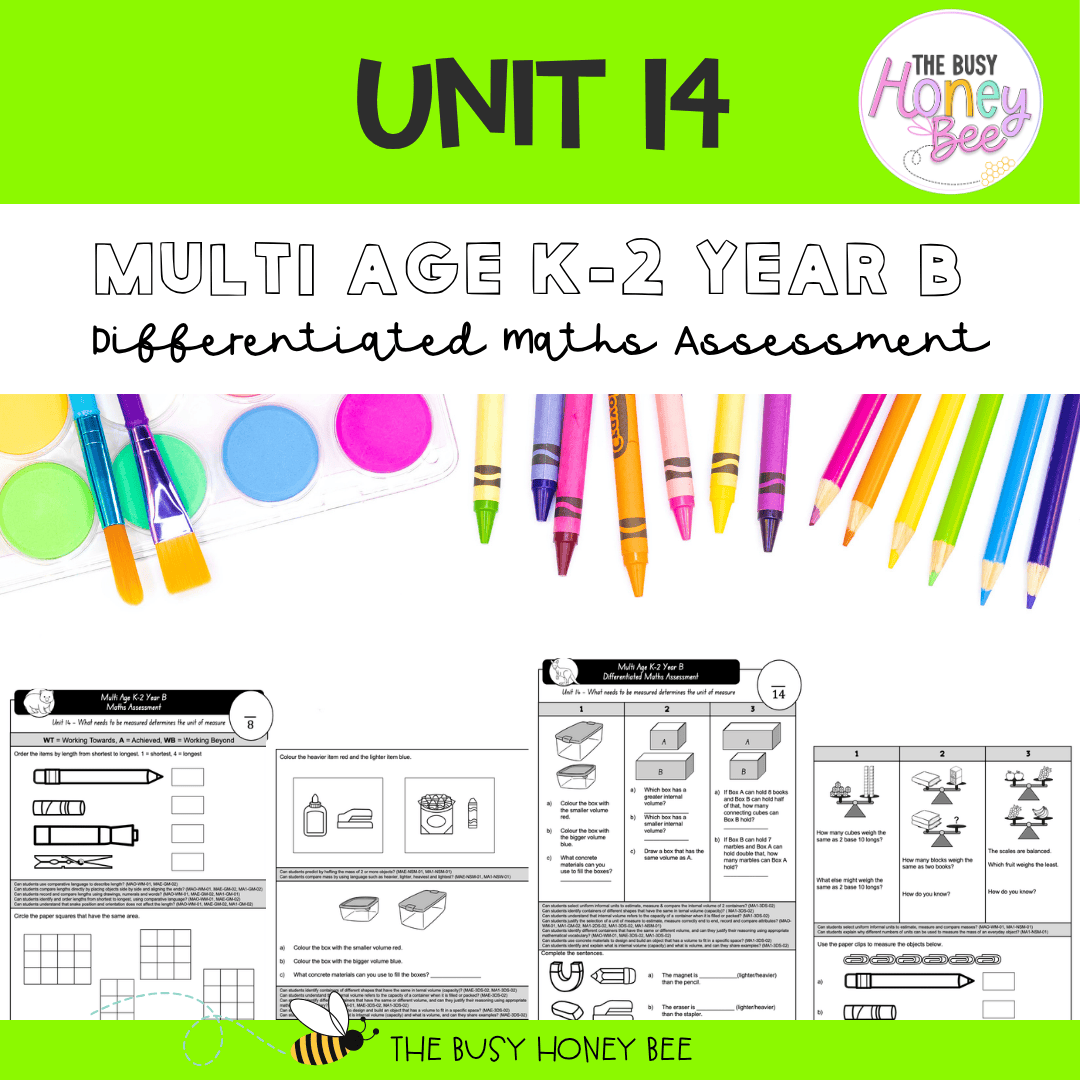 Multi Age K-2 Year B Differentiated NSW Maths Assessment Unit 14 - Assessment