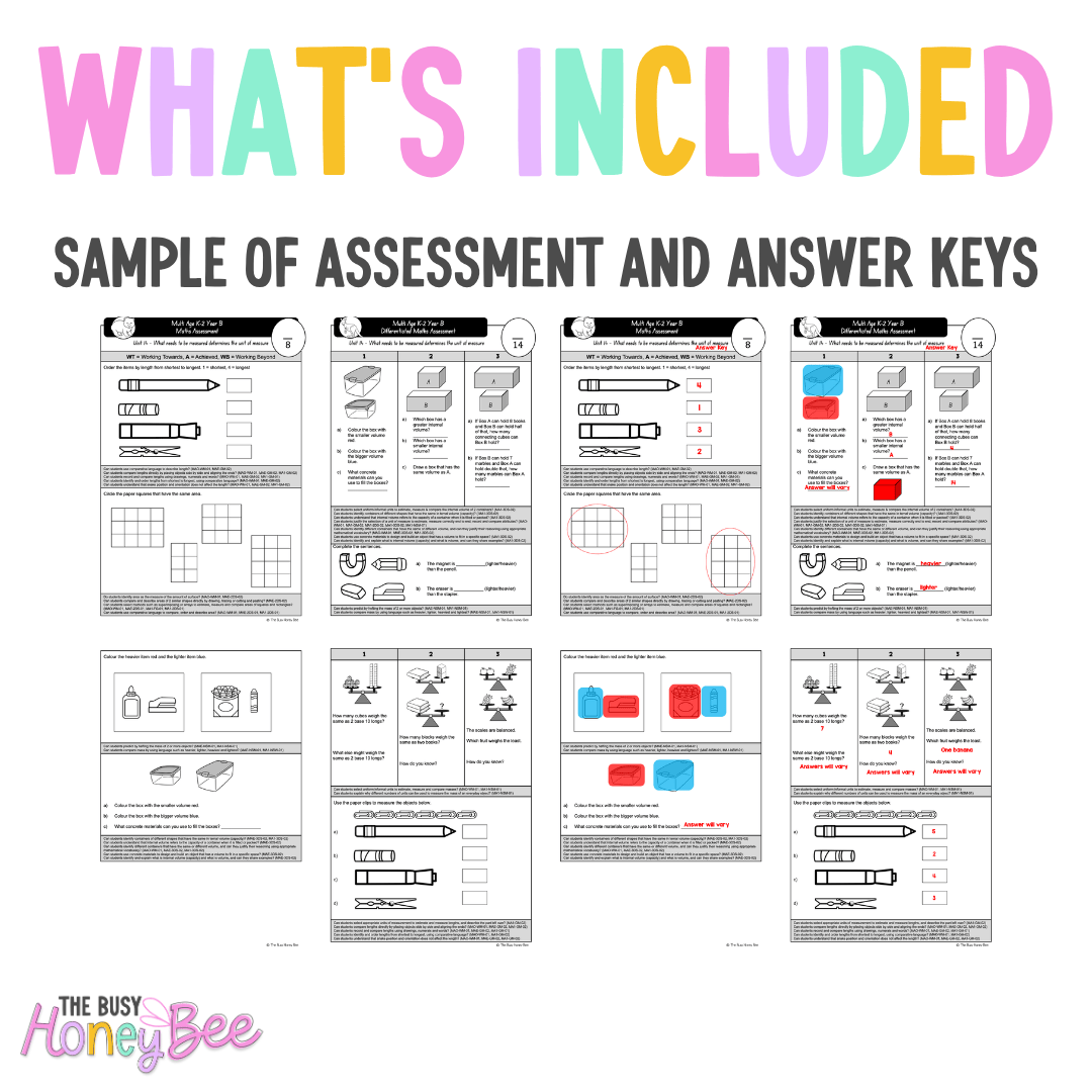 Multi Age K-2 Year B Differentiated NSW Maths Assessment Unit 14 - Assessment