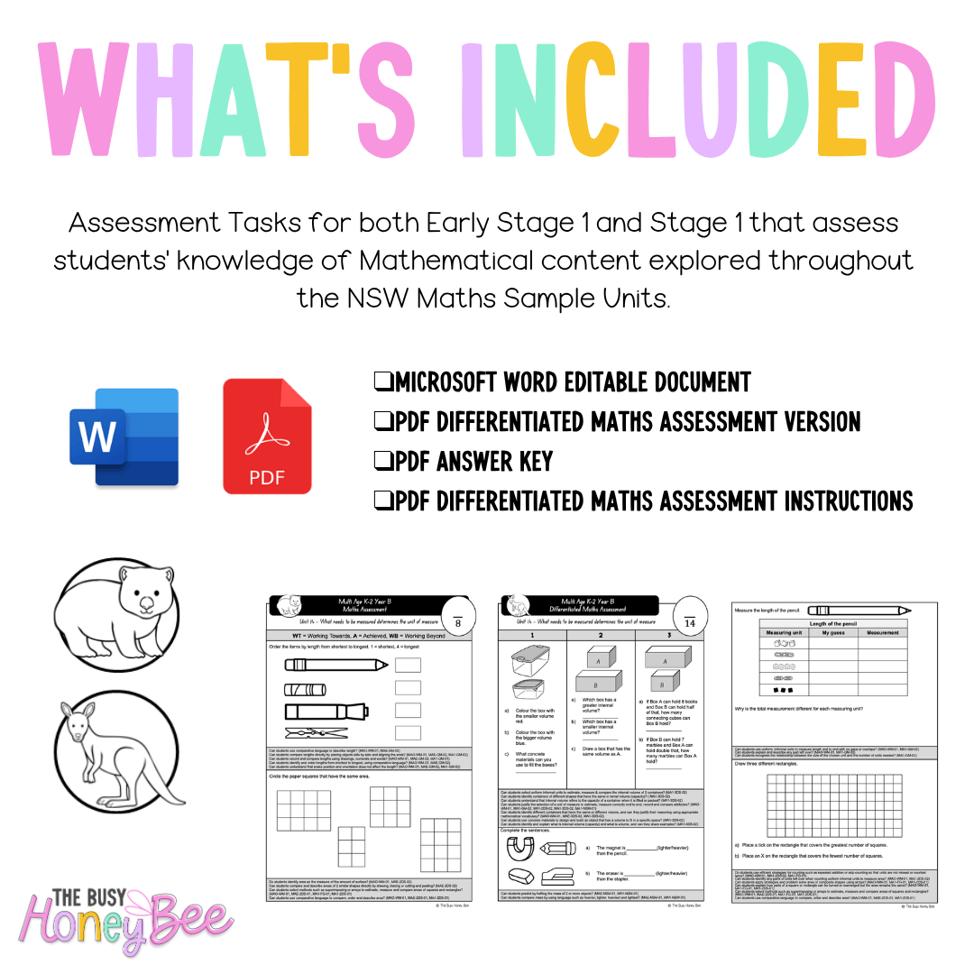 Multi Age K-2 Year B Differentiated NSW Maths Assessment Unit 14 - Assessment