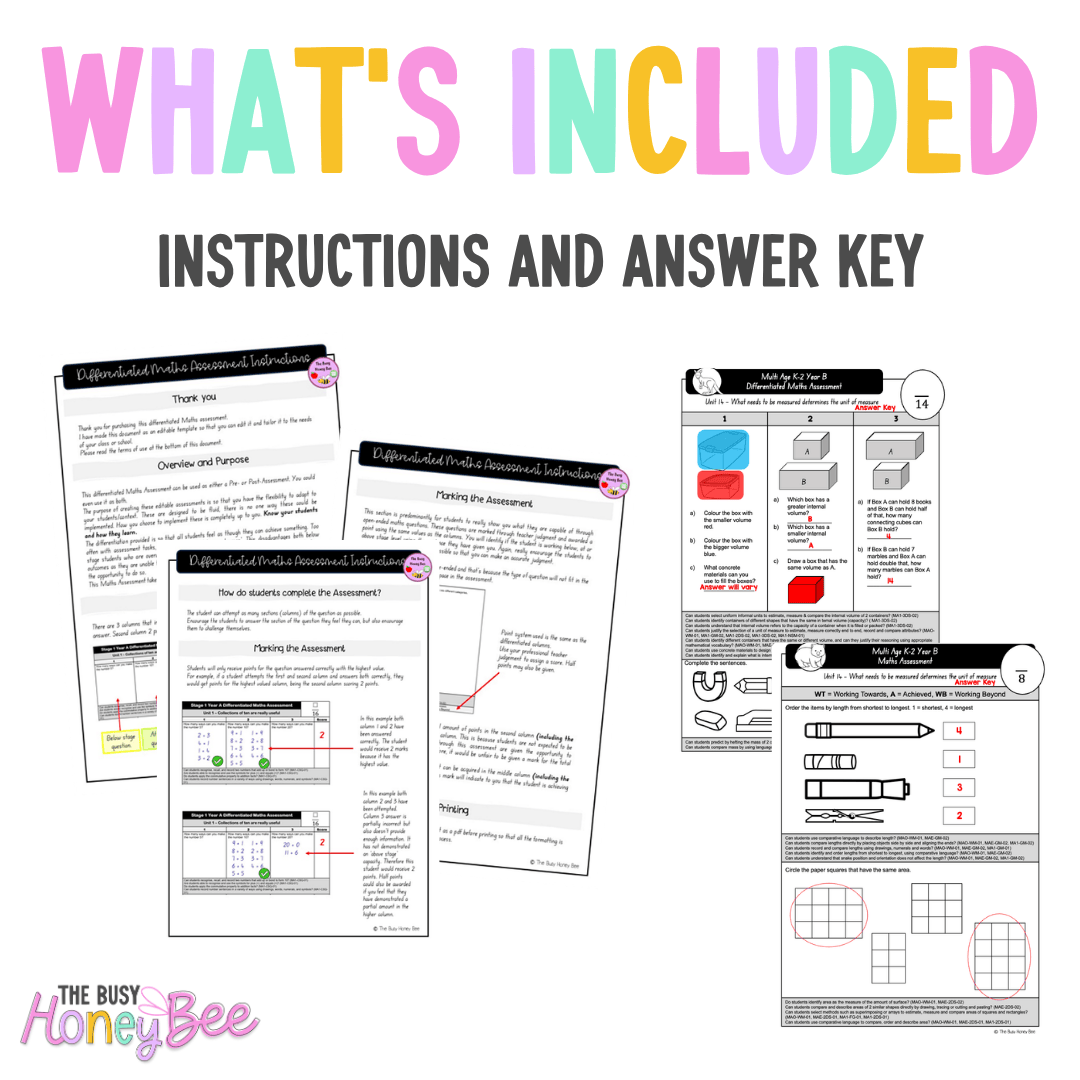 Multi Age K-2 Year B Differentiated NSW Maths Assessment Unit 14 - Assessment