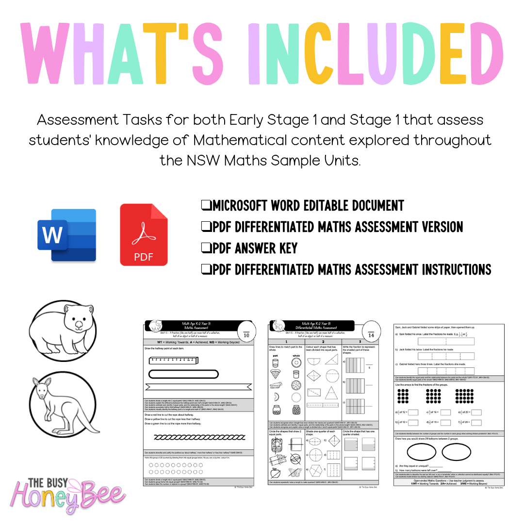 Multi Age K-2 Year B Differentiated NSW Maths Assessment Unit 15 - Assessment