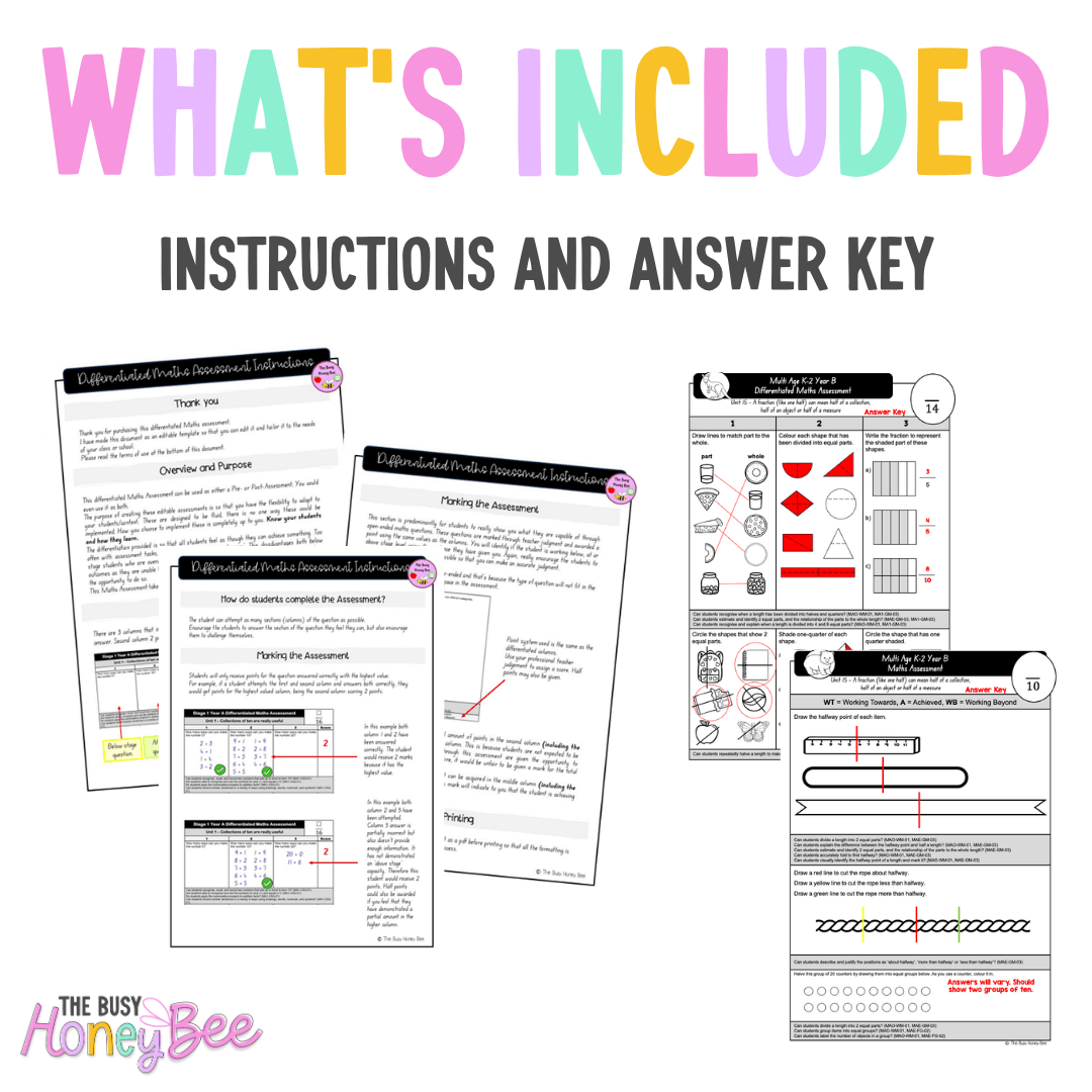 Multi Age K-2 Year B Differentiated NSW Maths Assessment Unit 15 - Assessment