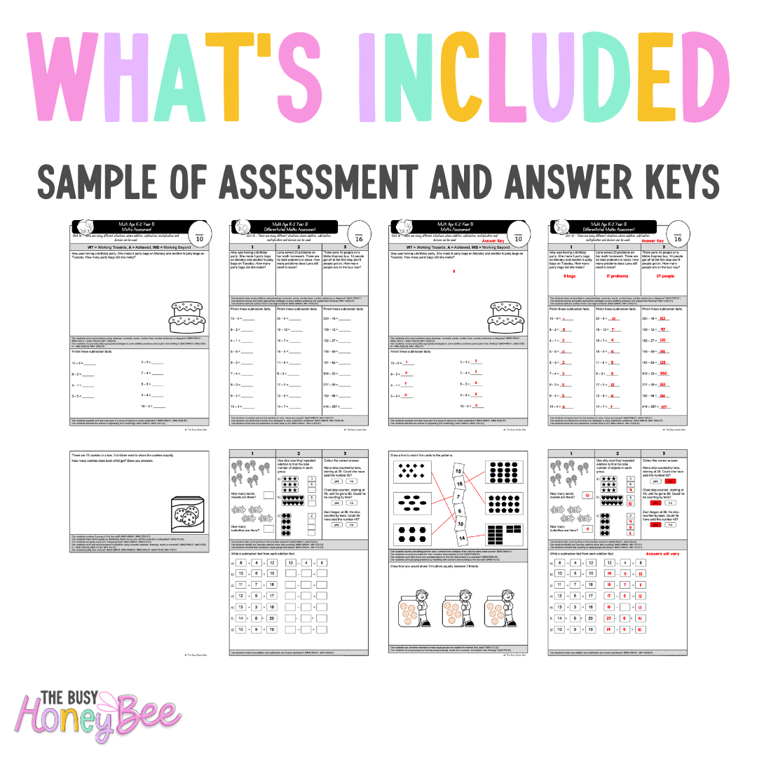 Multi Age K-2 Year B Differentiated NSW Maths Assessment Unit 16 - Assessment