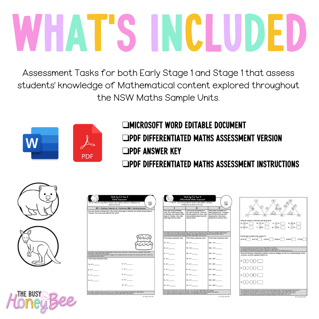 Multi Age K-2 Year B Differentiated NSW Maths Assessment Unit 16 - Assessment