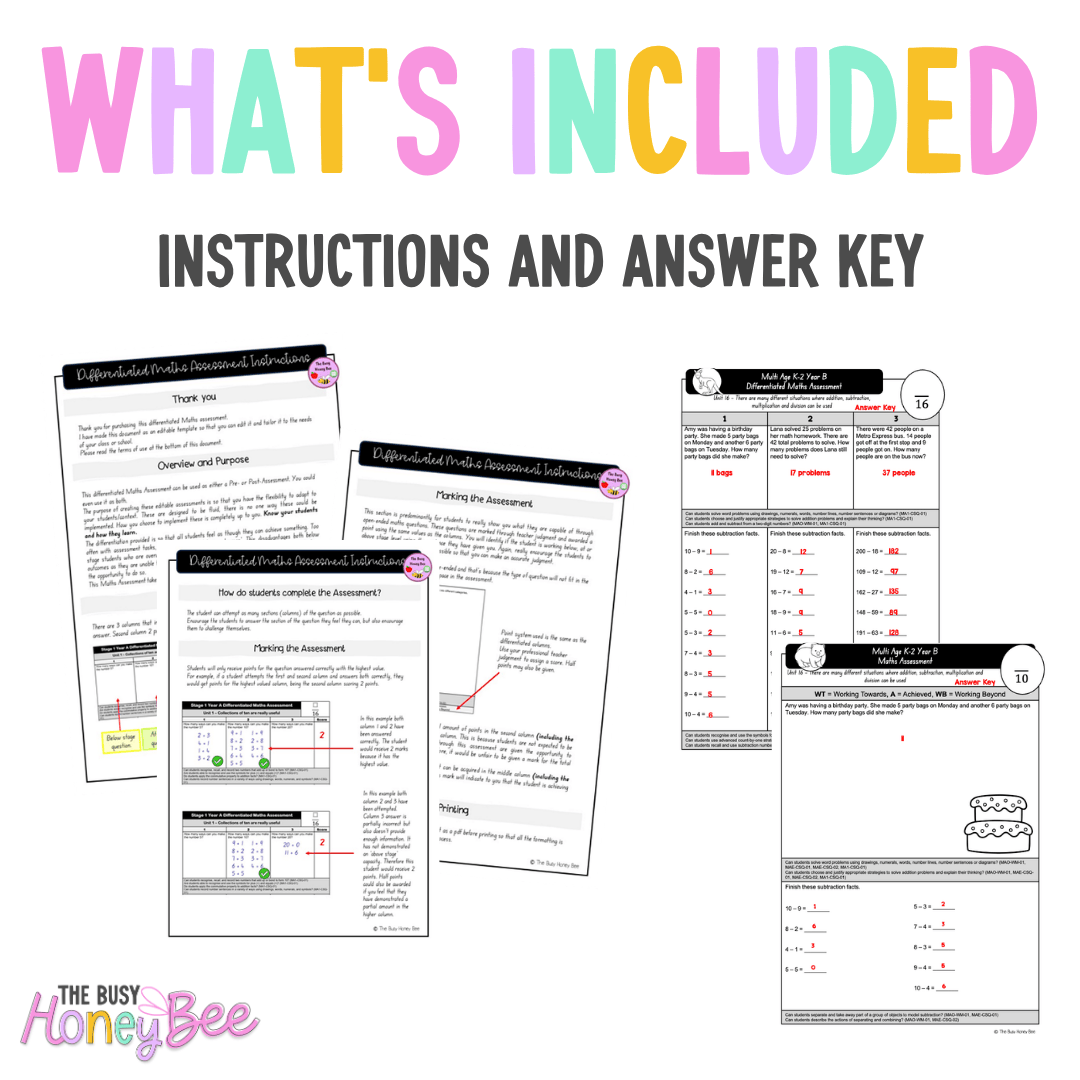 Multi Age K-2 Year B Differentiated NSW Maths Assessment Unit 16 - Assessment