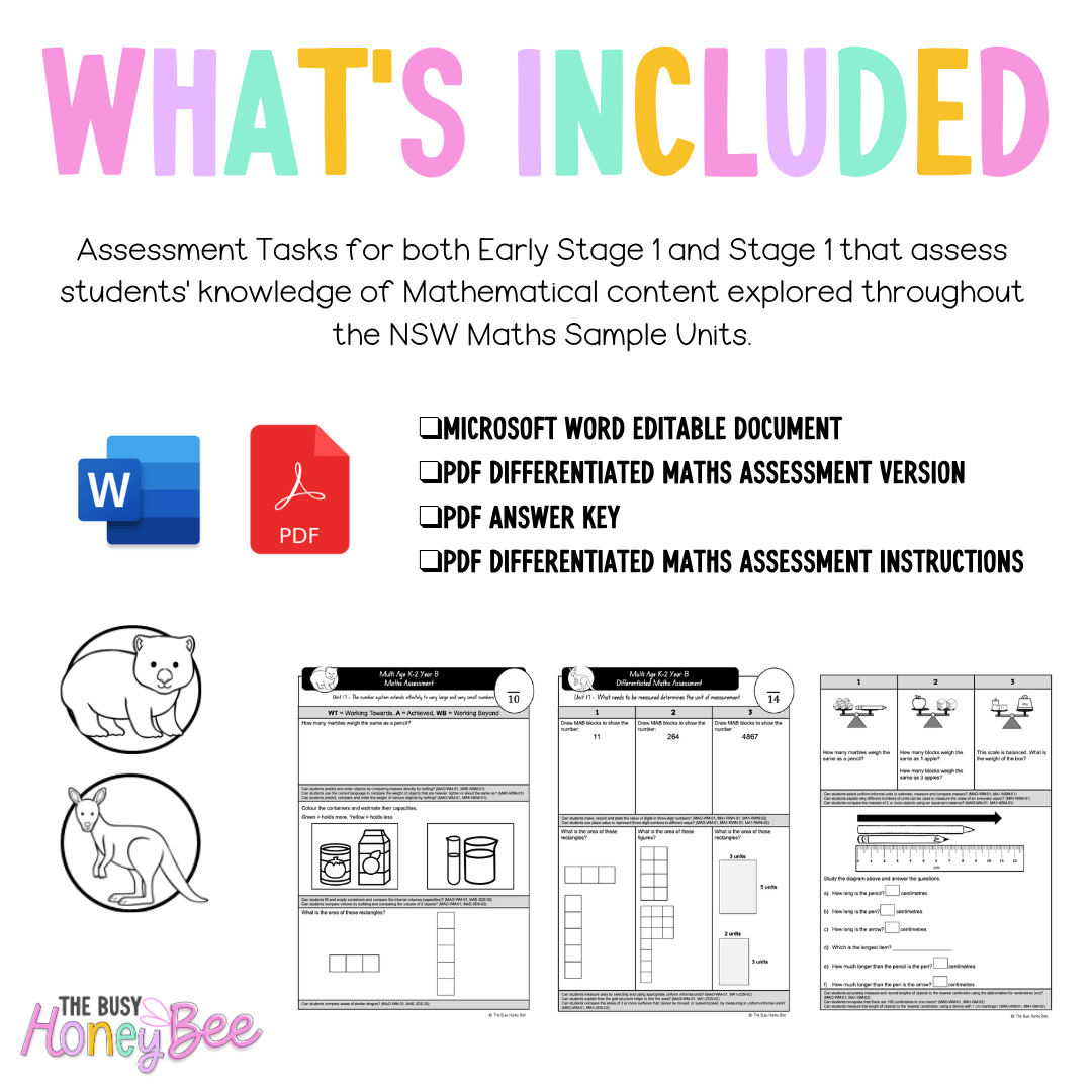 Multi Age K-2 Year B Differentiated NSW Maths Assessment Unit 17 - Assessment