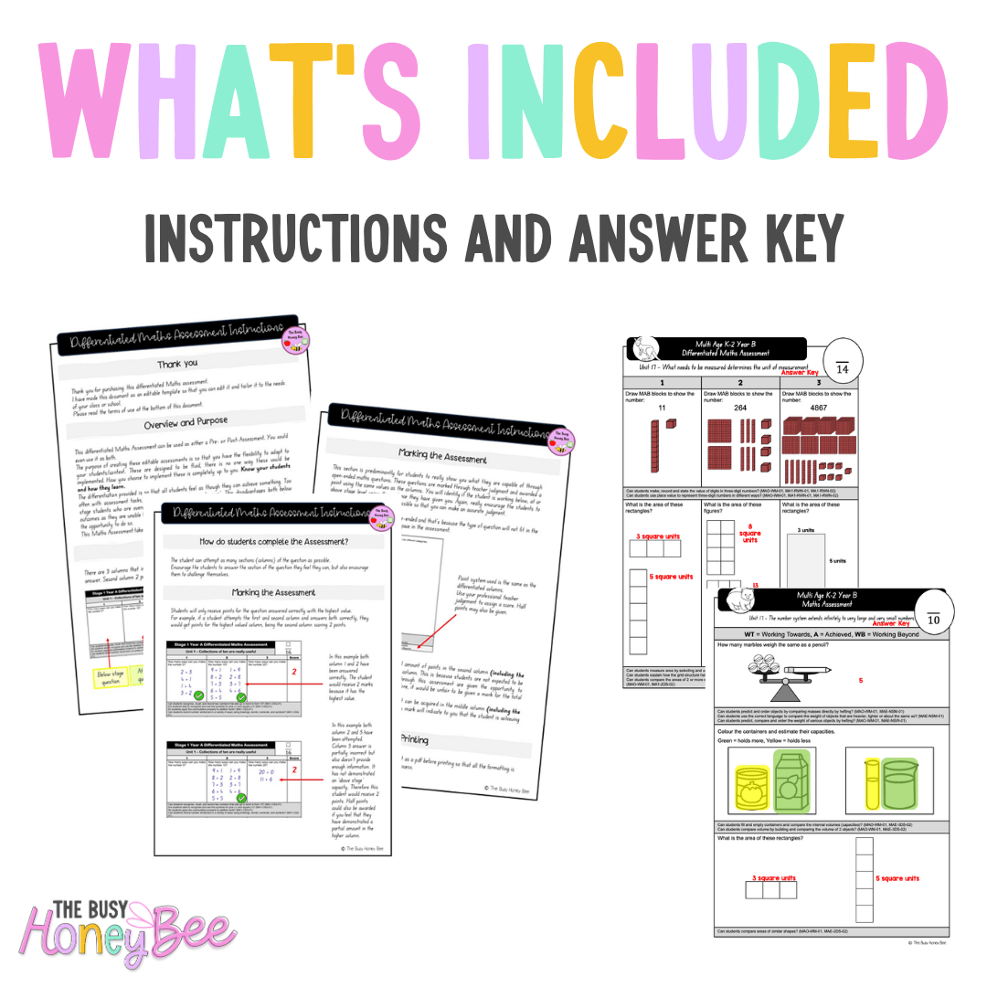 Multi Age K-2 Year B Differentiated NSW Maths Assessment Unit 17 - Assessment