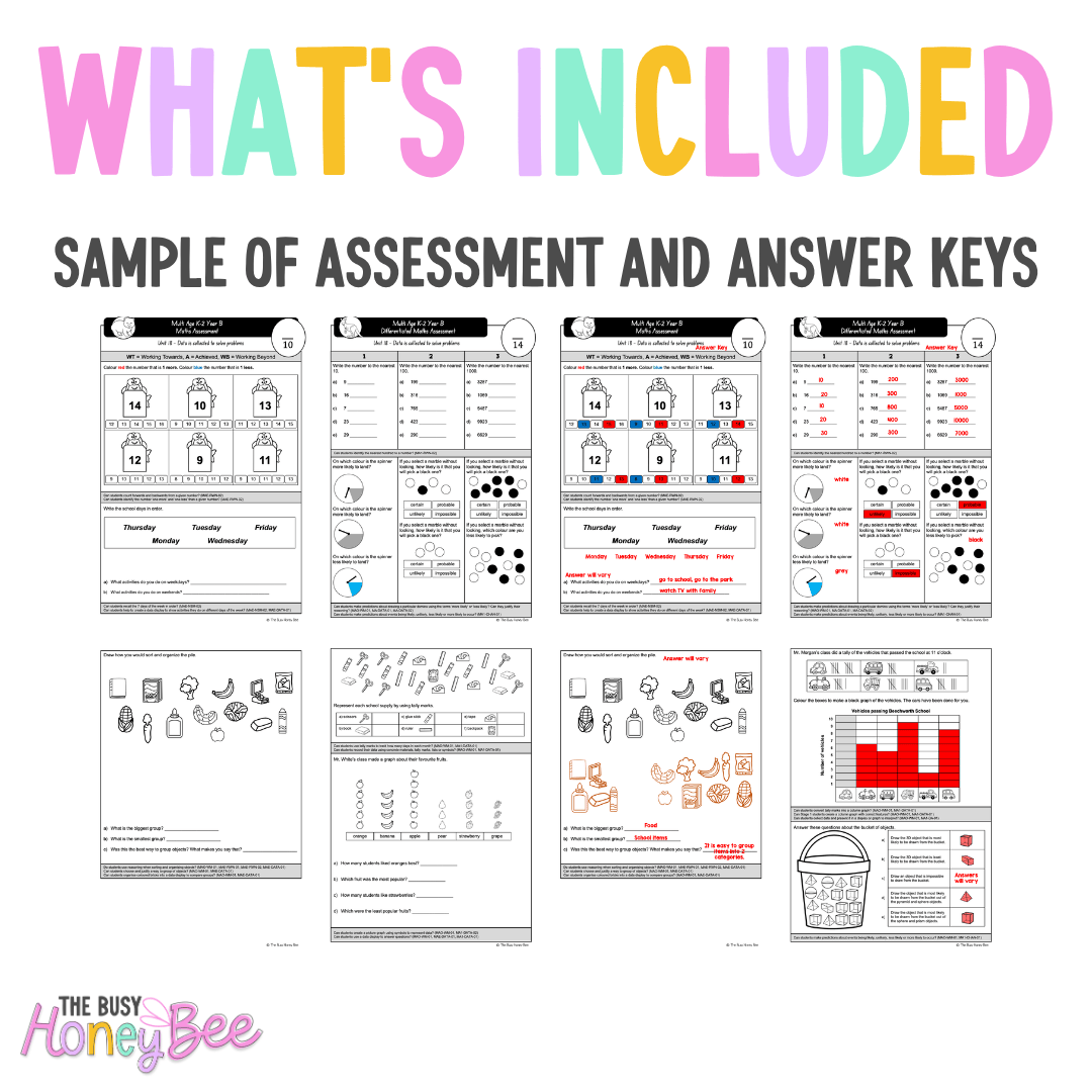 Multi Age K-2 Year B Differentiated NSW Maths Assessment Unit 18 - Assessment