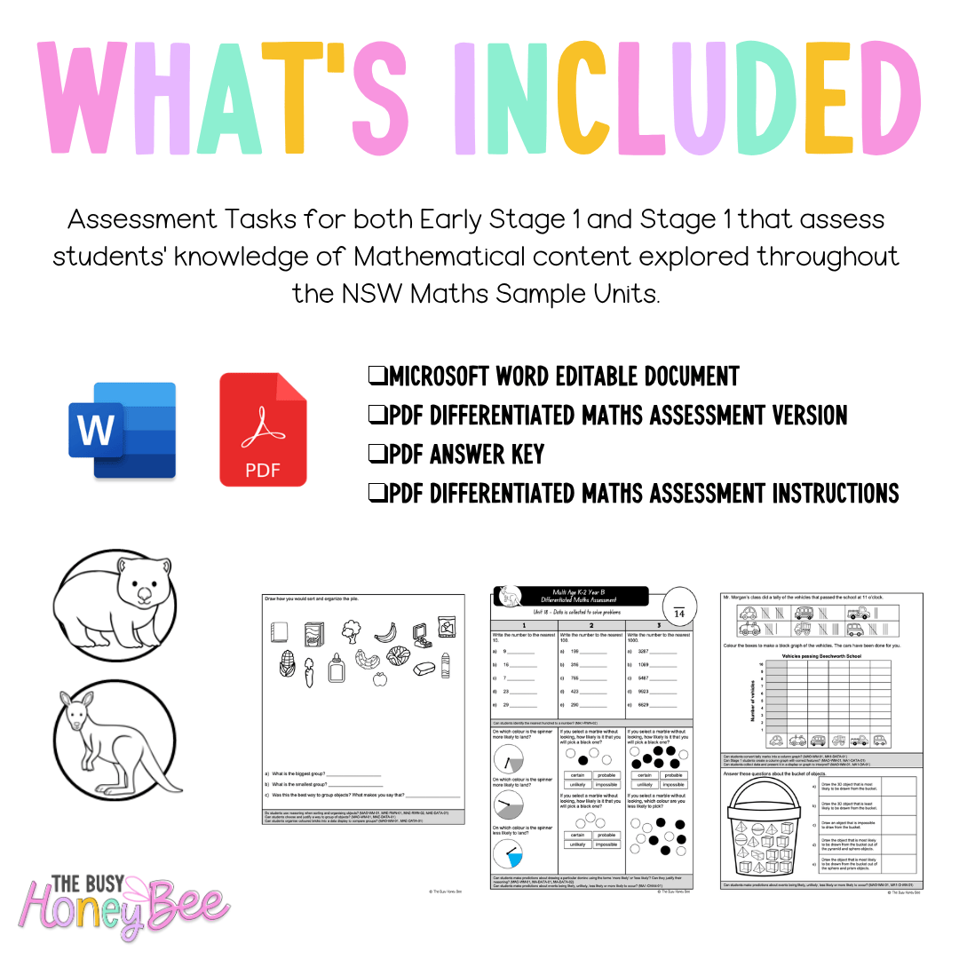 Multi Age K-2 Year B Differentiated NSW Maths Assessment Unit 18 - Assessment
