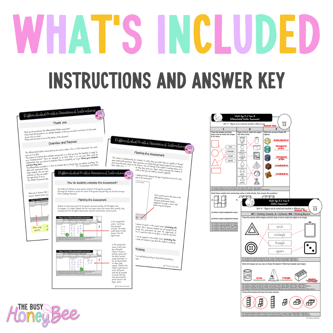 Multi Age K-2 Year B Differentiated NSW Maths Assessment Unit 19 - Assessment