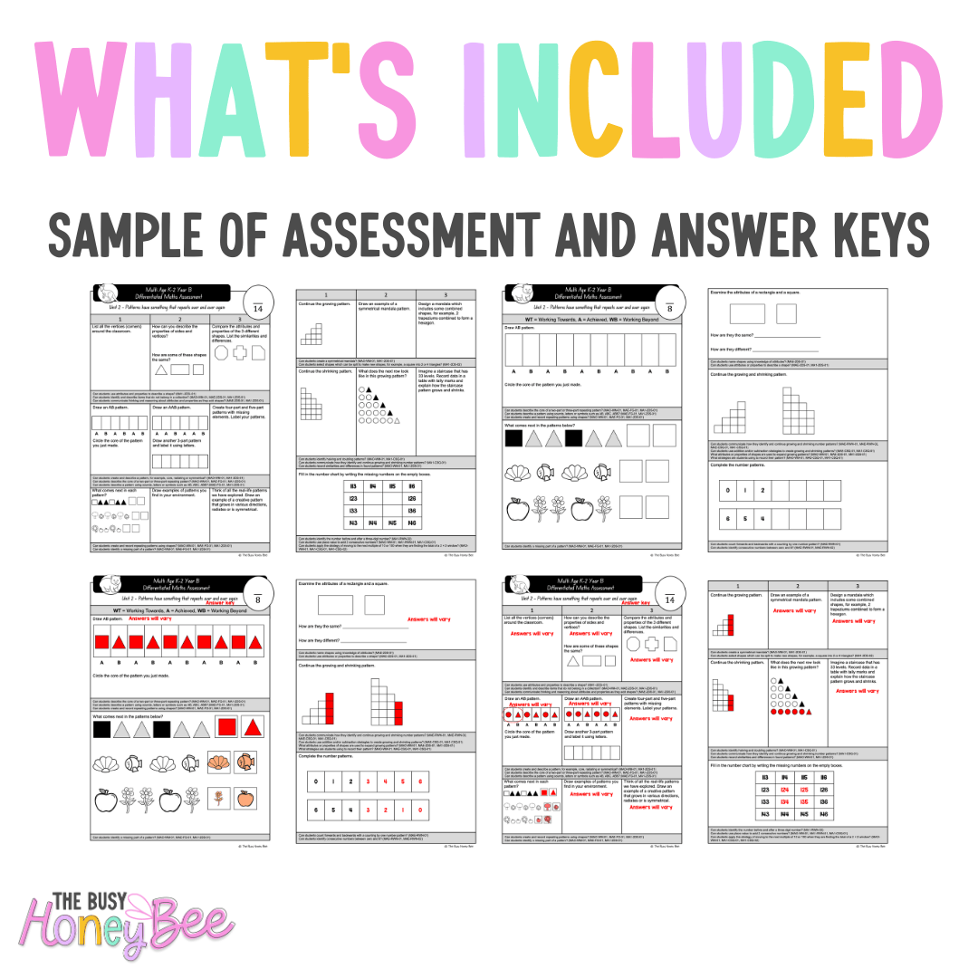 Multi Age K-2 Year B Differentiated NSW Maths Assessment Unit 2 - Assessment