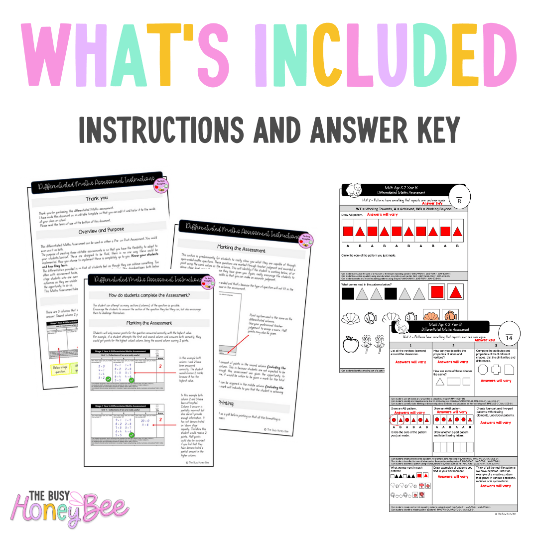 Multi Age K-2 Year B Differentiated NSW Maths Assessment Unit 2 - Assessment