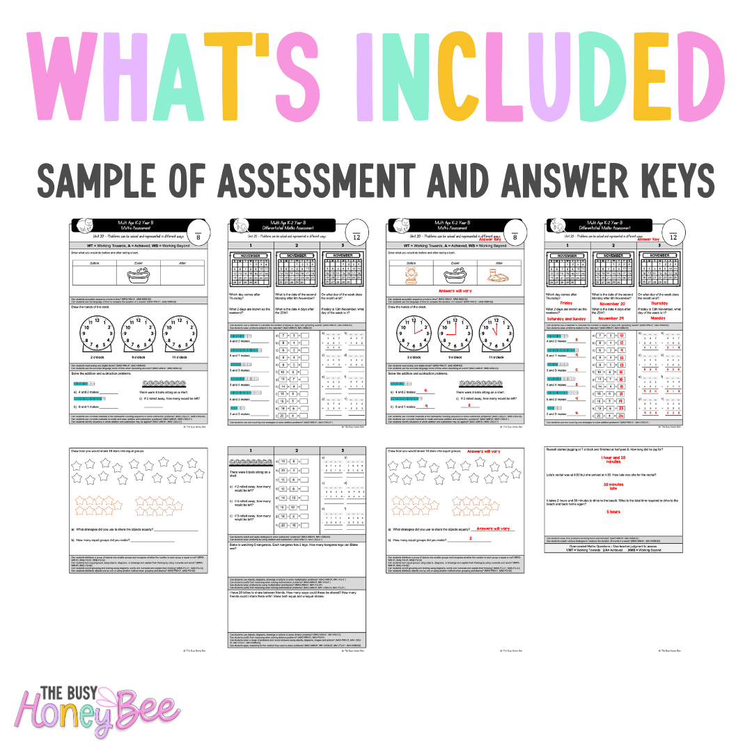 Multi Age K-2 Year B Differentiated NSW Maths Assessment Unit 20 - Assessment