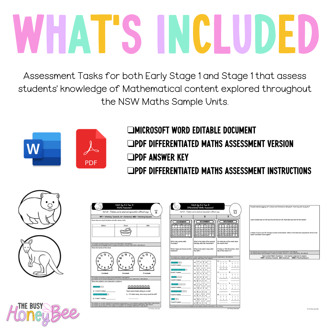 Multi Age K-2 Year B Differentiated NSW Maths Assessment Unit 20 - Assessment