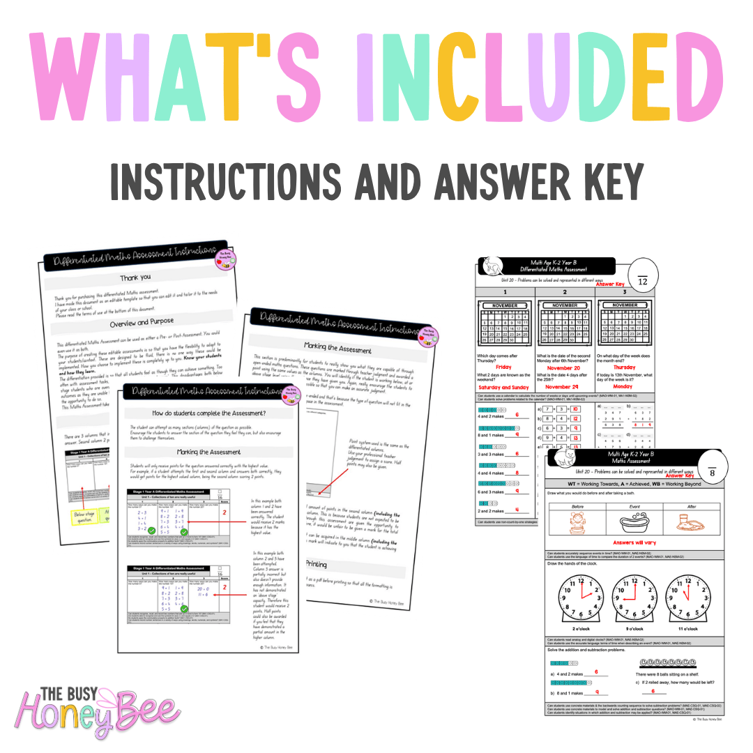 Multi Age K-2 Year B Differentiated NSW Maths Assessment Unit 20 - Assessment