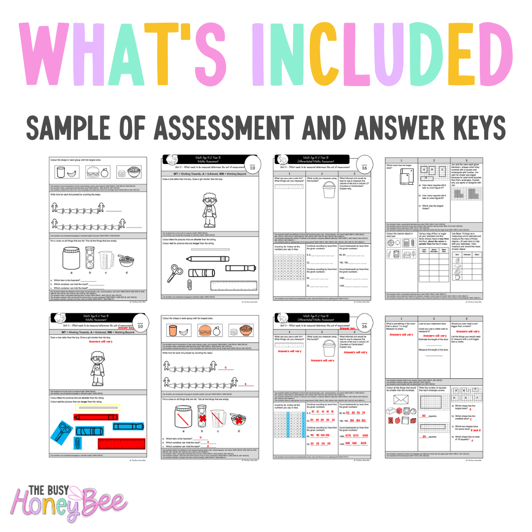 Multi Age K-2 Year B Differentiated NSW Maths Assessment Unit 3 - Assessment