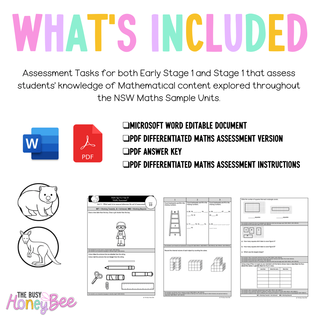 Multi Age K-2 Year B Differentiated NSW Maths Assessment Unit 3 - Assessment