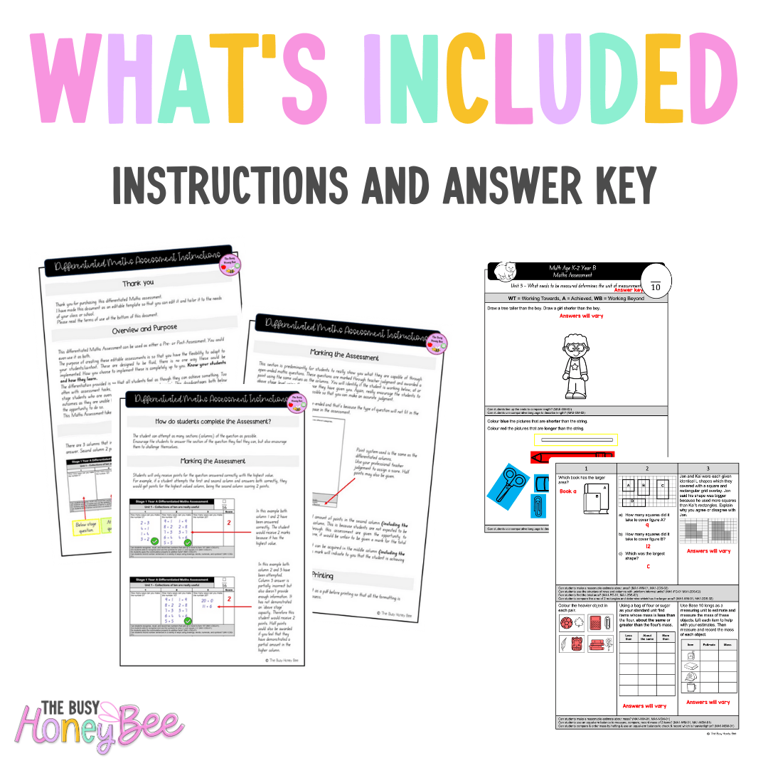 Multi Age K-2 Year B Differentiated NSW Maths Assessment Unit 3 - Assessment