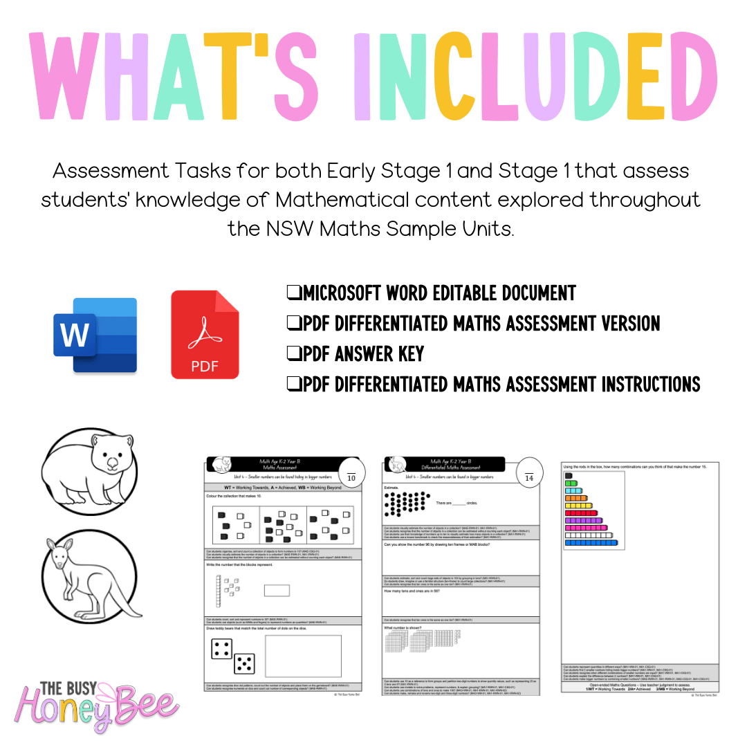 Multi Age K-2 Year B Differentiated NSW Maths Assessment Unit 4 - Assessment