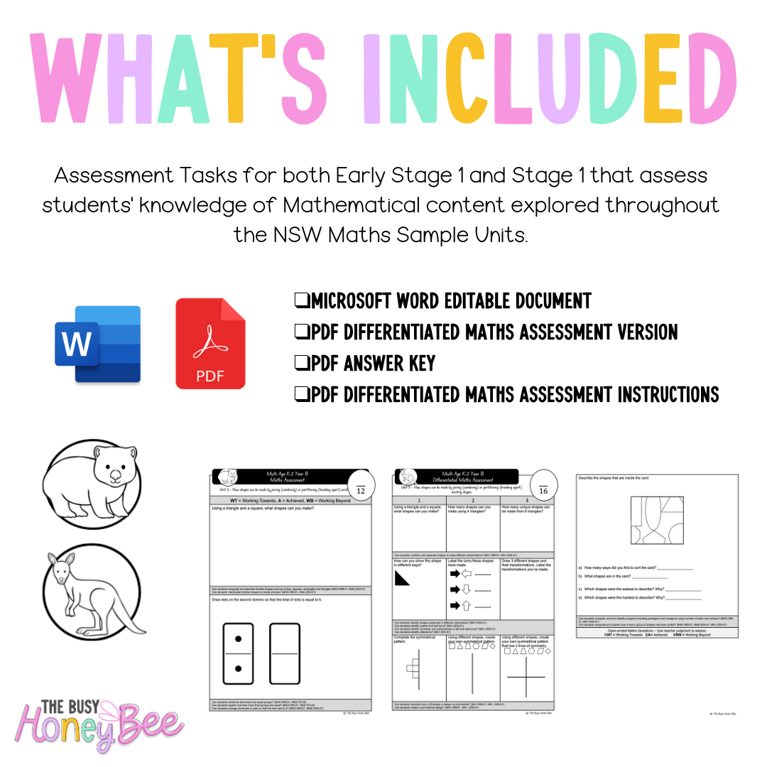 Multi Age K-2 Year B Differentiated NSW Maths Assessment Unit 5 - Assessment