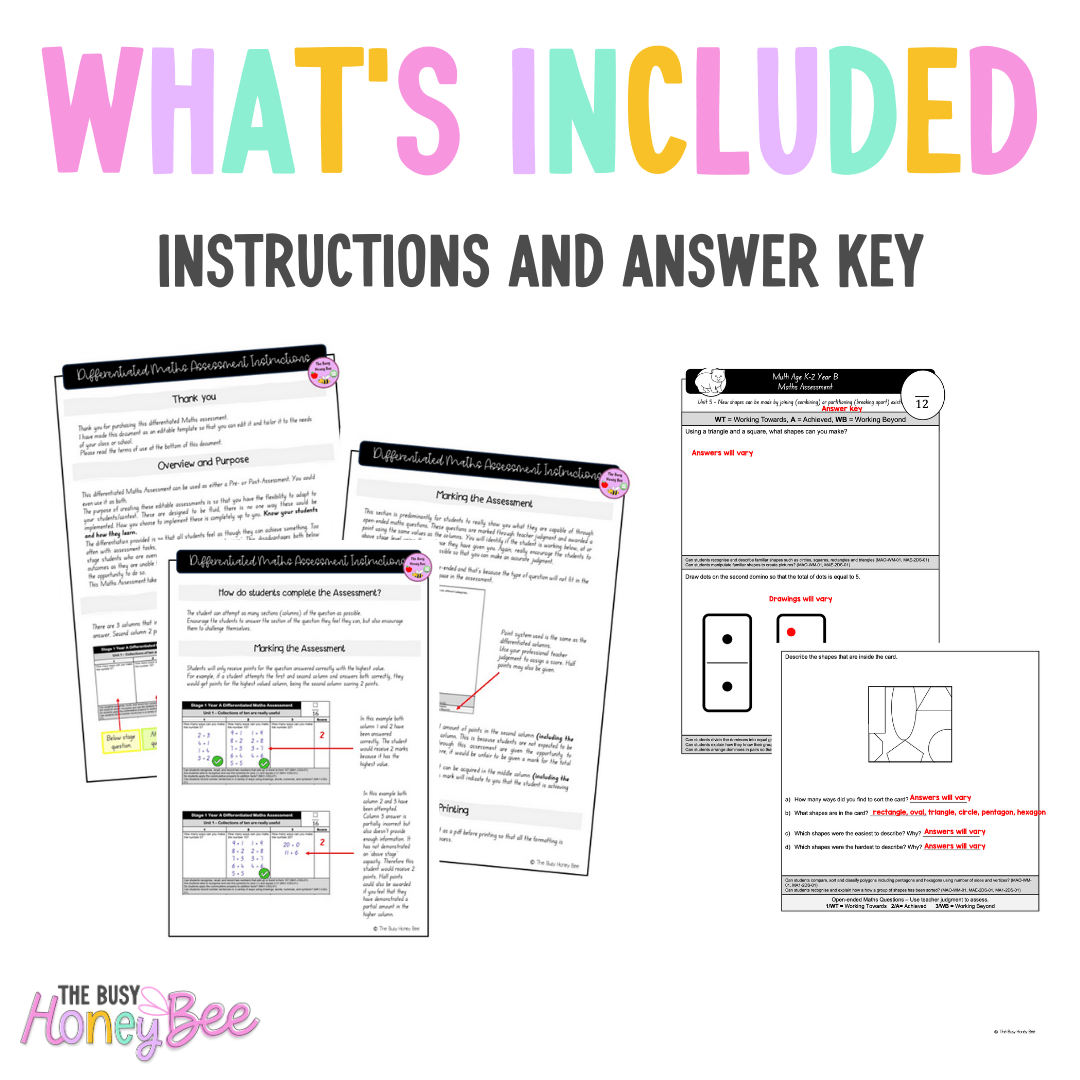 Multi Age K-2 Year B Differentiated NSW Maths Assessment Unit 5 - Assessment