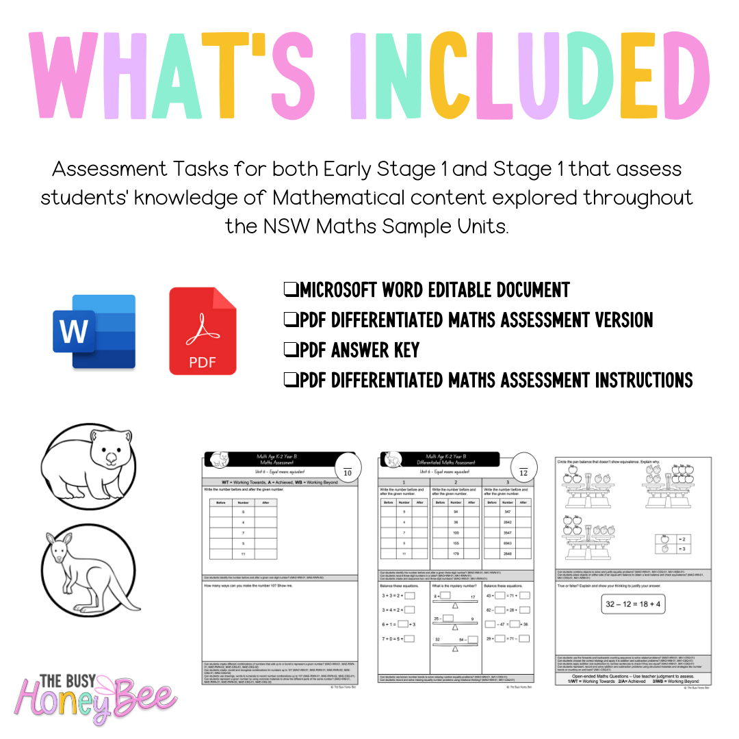Multi Age K-2 Year B Differentiated NSW Maths Assessment Unit 6 - Assessment