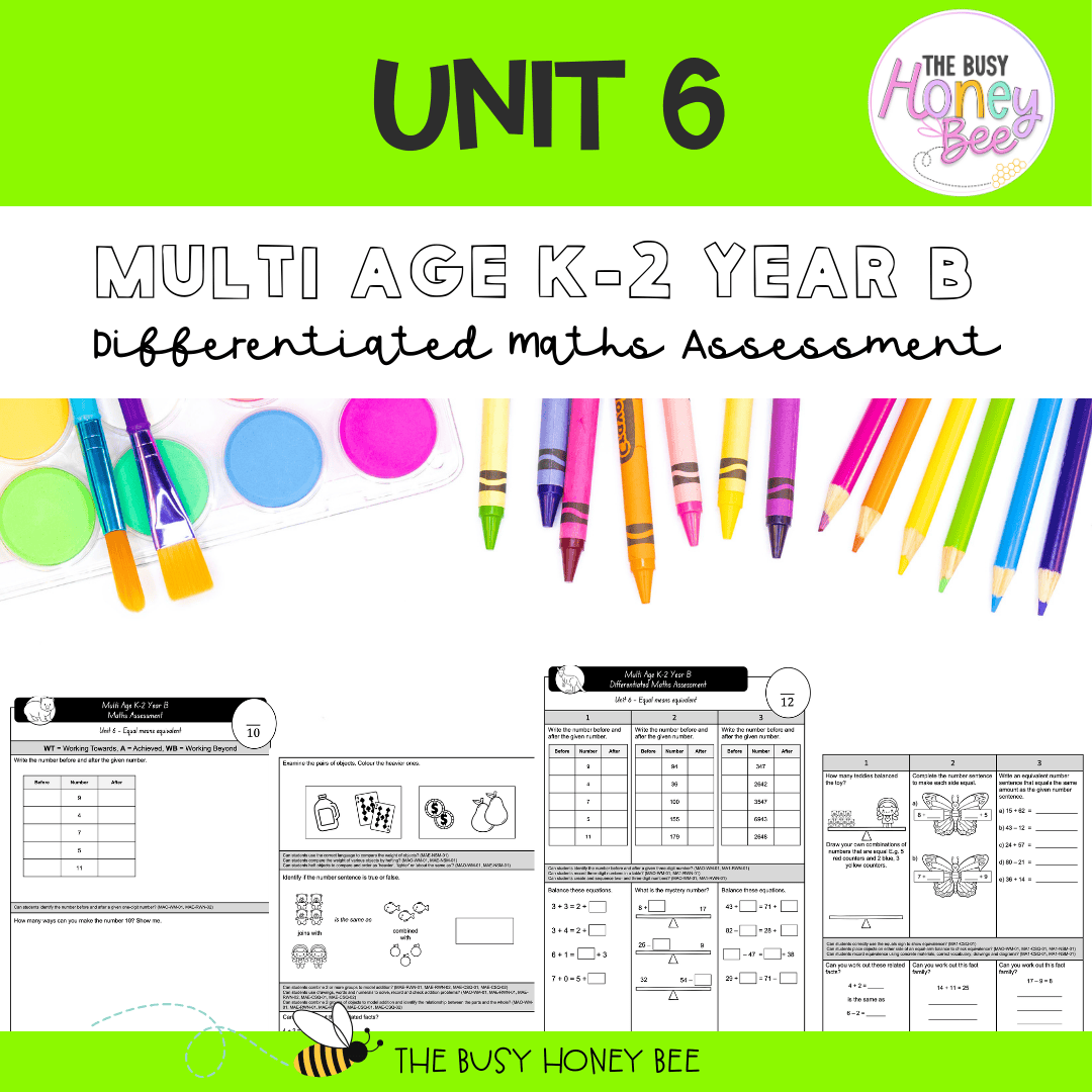 Multi Age K-2 Year B Differentiated NSW Maths Assessment Unit 6 - Assessment