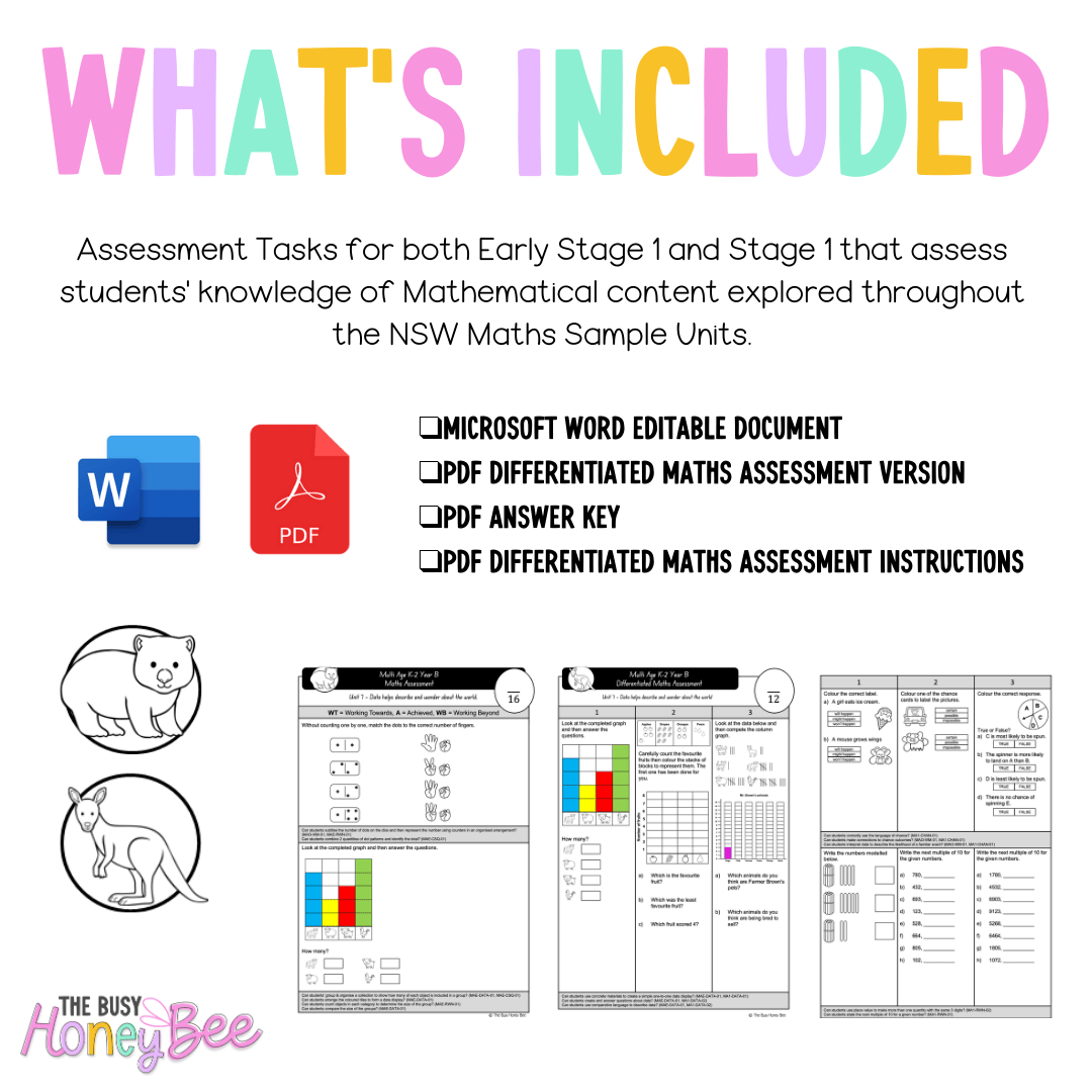 Multi Age K-2 Year B Differentiated NSW Maths Assessment Unit 7 - Assessment