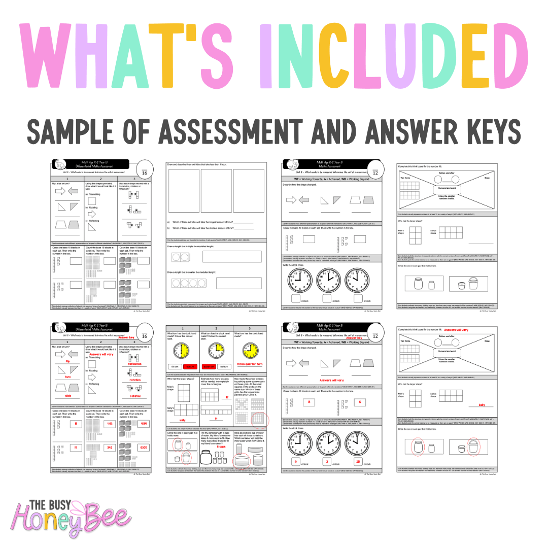 Multi Age K-2 Year B Differentiated NSW Maths Assessment Unit 8 - Assessment
