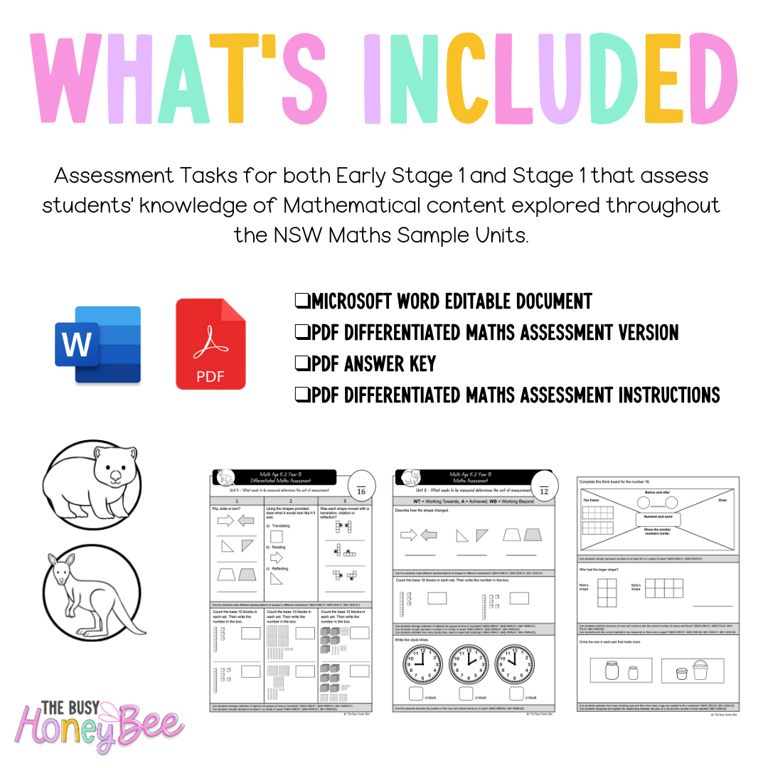 Multi Age K-2 Year B Differentiated NSW Maths Assessment Unit 8 - Assessment