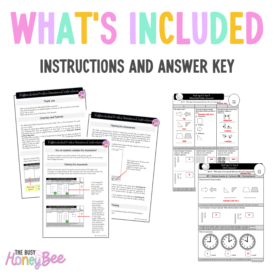 Multi Age K-2 Year B Differentiated NSW Maths Assessment Unit 8 - Assessment