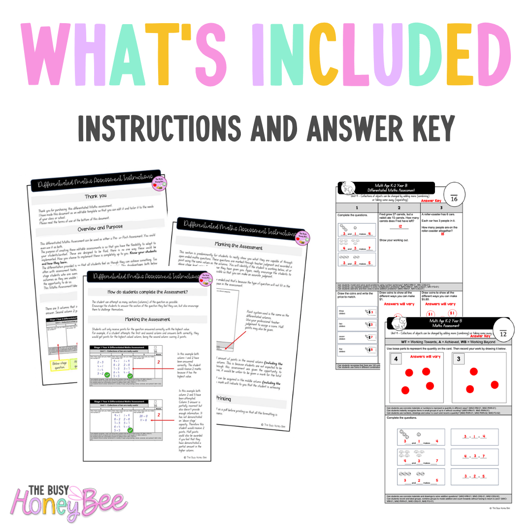 Multi Age K-2 Year B Differentiated NSW Maths Assessment Unit 9 - Assessment