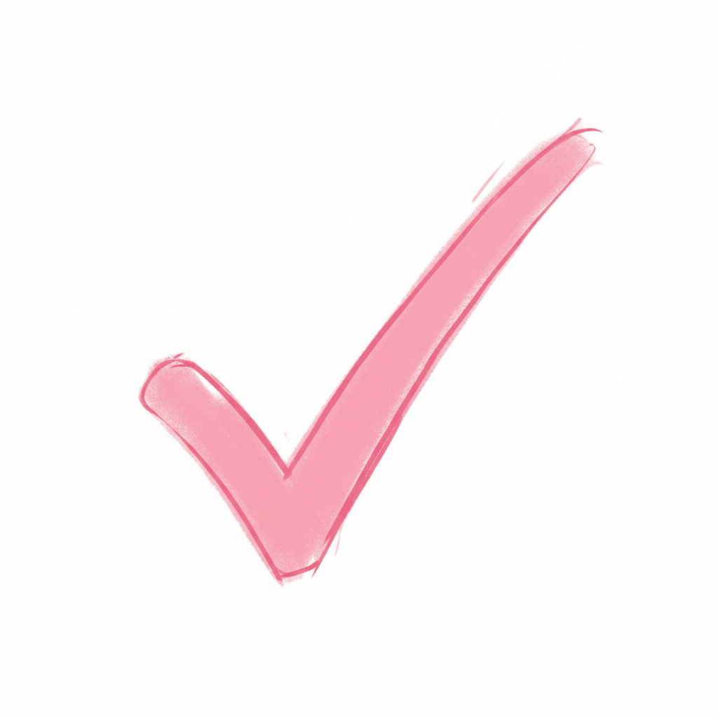 Pink check mark on a white background