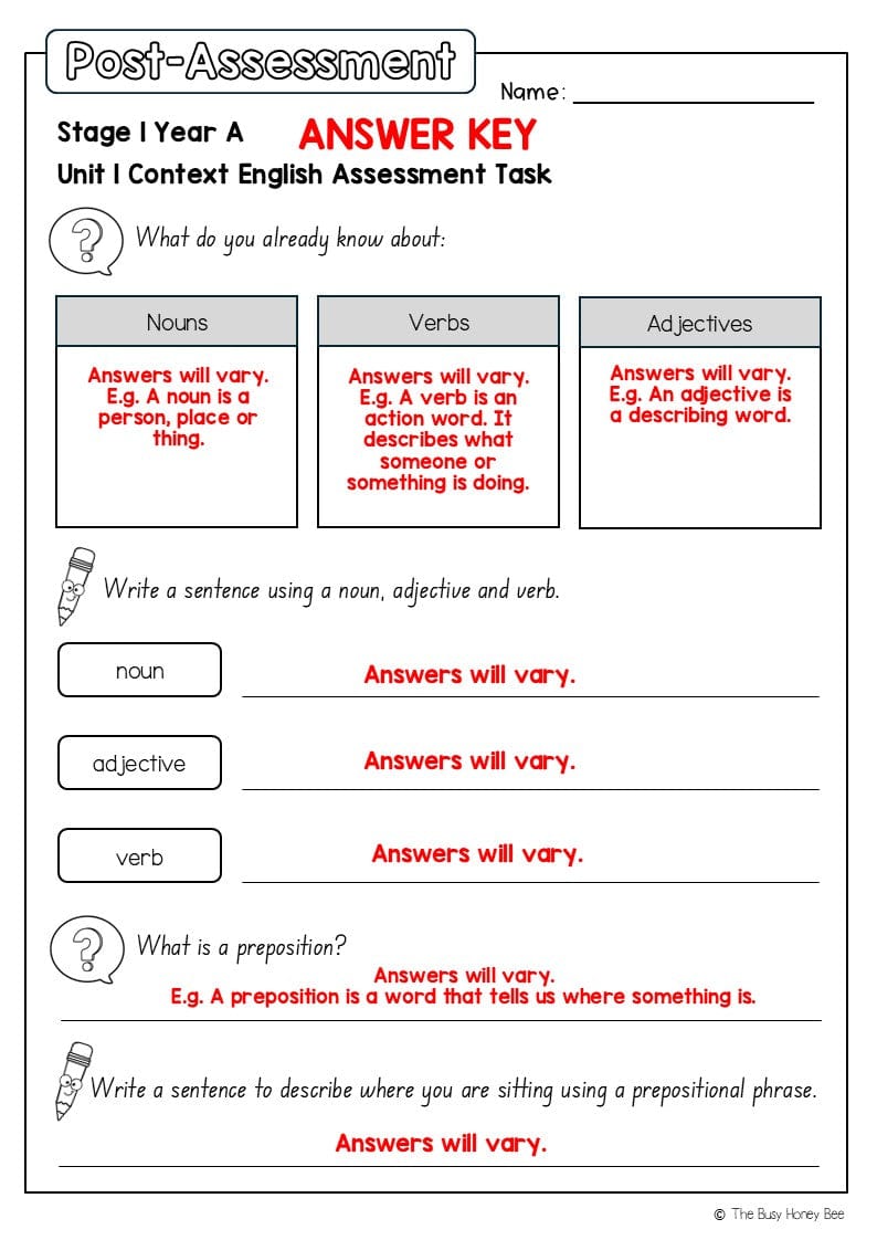 Stage 1 Year A English Pre- and Post-Assessment Unit 1 - Assessment