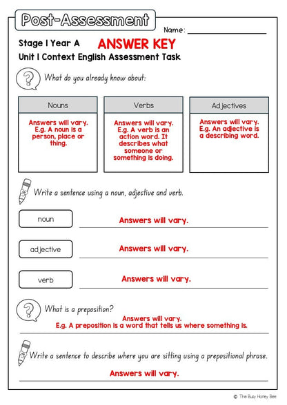 Stage 1 Year A English Pre- and Post-Assessment Unit 1 - Assessment