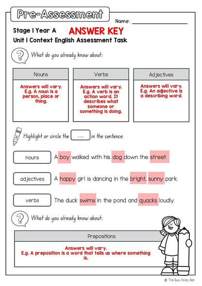 Stage 1 Year A English Pre- and Post-Assessment Unit 1 - Assessment