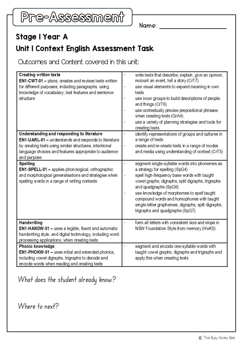 Stage 1 Year A English Pre- and Post-Assessment Unit 1 - Assessment