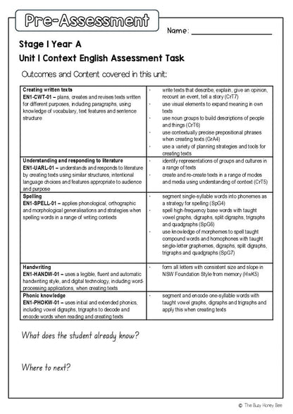 Stage 1 Year A English Pre- and Post-Assessment Unit 1 - Assessment