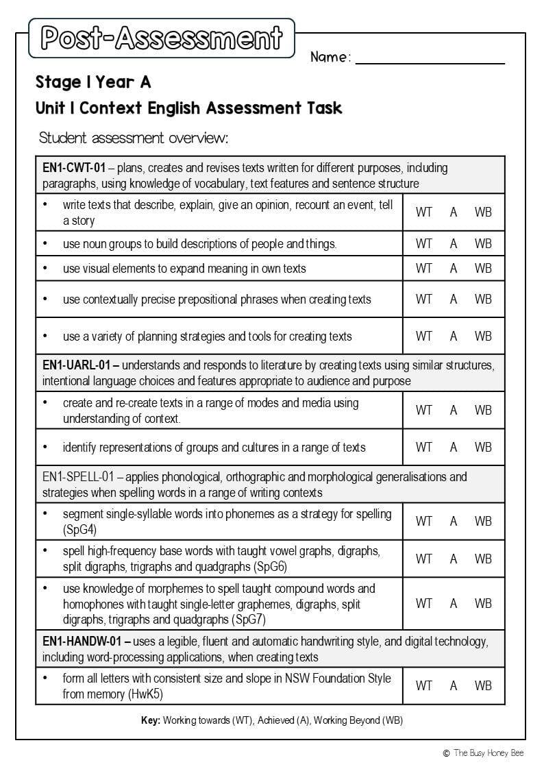Stage 1 Year A English Pre- and Post-Assessment Unit 1 - Assessment