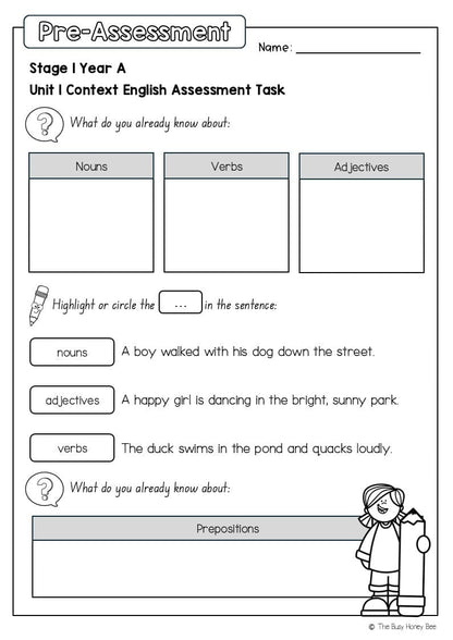 Stage 1 Year A English Pre- and Post-Assessment Unit 1 - Assessment