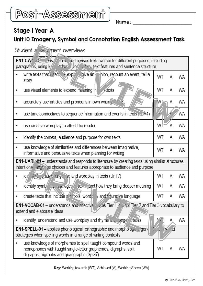 Stage 1 Year A English Pre- and Post-Assessment Unit 10 - Assessment