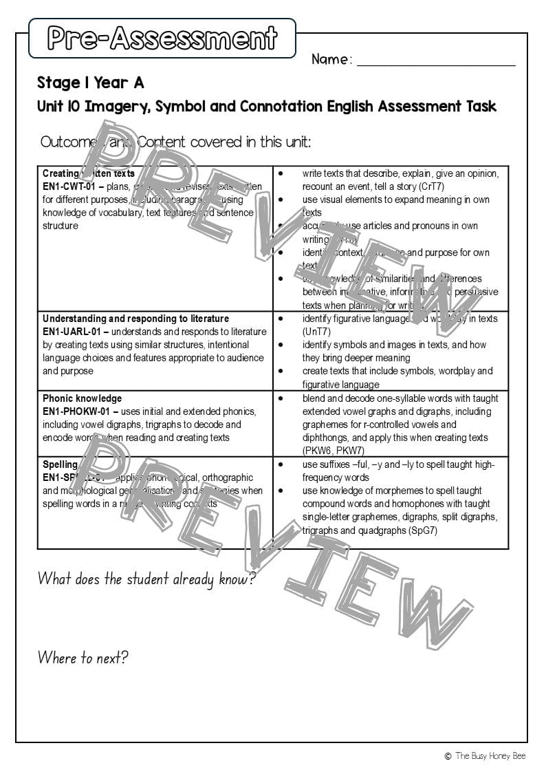 Stage 1 Year A English Pre- and Post-Assessment Unit 10 - Assessment
