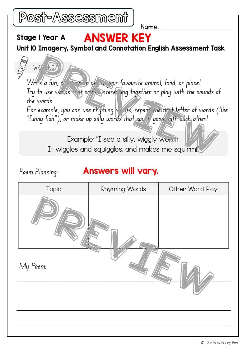 Stage 1 Year A English Pre- and Post-Assessment Unit 10 - Assessment