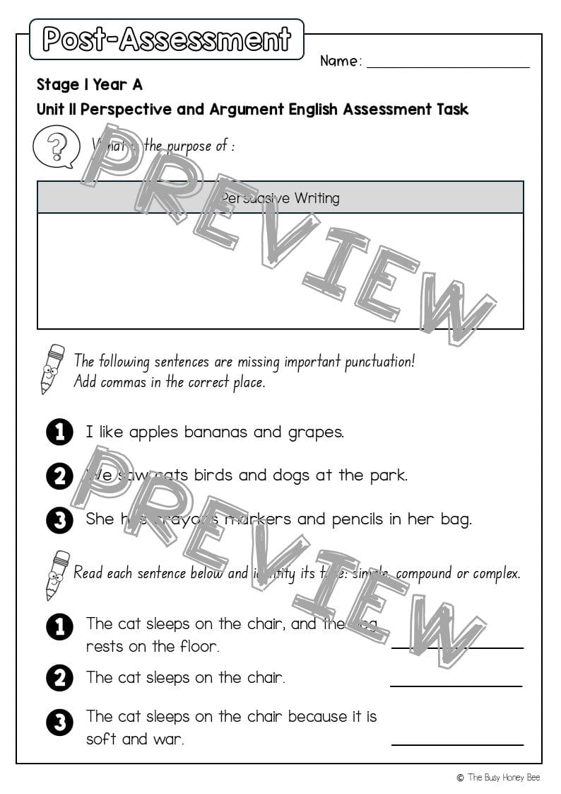 Stage 1 Year A English Pre- and Post-Assessment Unit 11 - Assessment