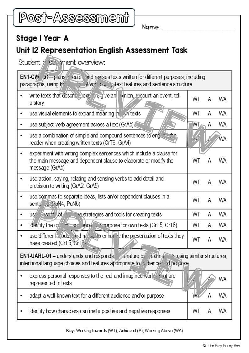 Stage 1 Year A English Pre- and Post-Assessment Unit 12 - Assessment