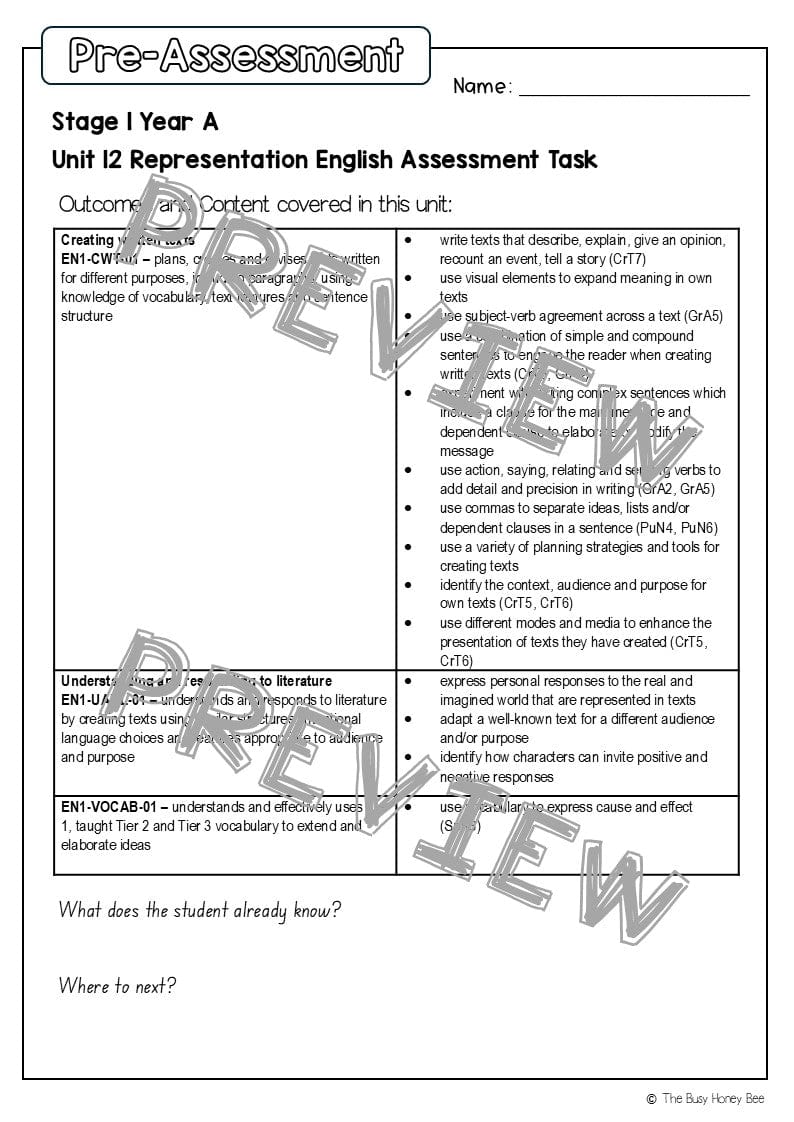 Stage 1 Year A English Pre- and Post-Assessment Unit 12 - Assessment
